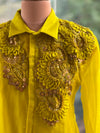Greenish Yellow Organza Shirt & Pleated Skirt Set with Applique Detail