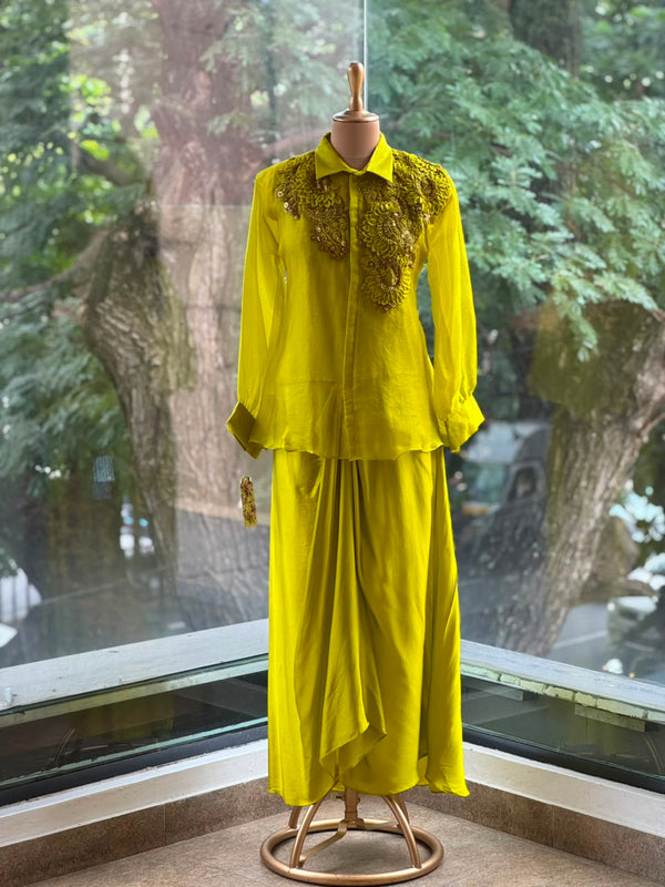 Greenish Yellow Organza Shirt & Pleated Skirt Set with Applique Detail