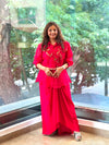 Red Organza Shirt & Pleated Skirt Set with Applique Detail