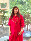 Red Organza Shirt & Pleated Skirt Set with Applique Detail
