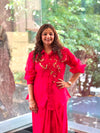 Red Organza Shirt & Pleated Skirt Set with Applique Detail