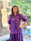 Purple Organza Shirt & Pleated Skirt Set with Applique Detail