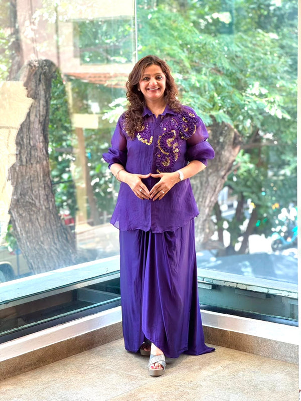 Purple Organza Shirt & Pleated Skirt Set with Applique Detail