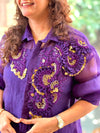 Purple Organza Shirt & Pleated Skirt Set with Applique Detail