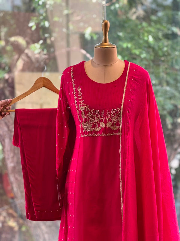 Reddish Maroon Mul Chanderi Suit