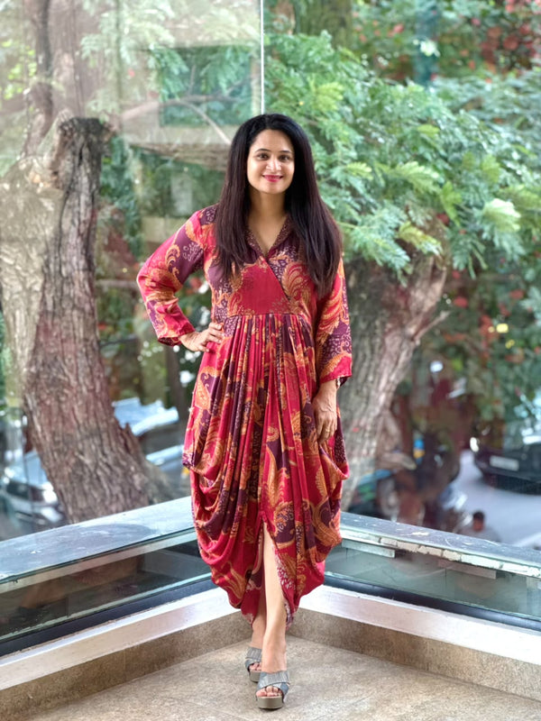 Maroon Digital Print Cowl Tunic