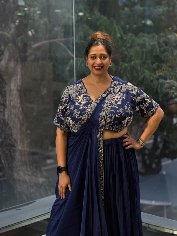Navy Blue Attached Drape Skirt Set