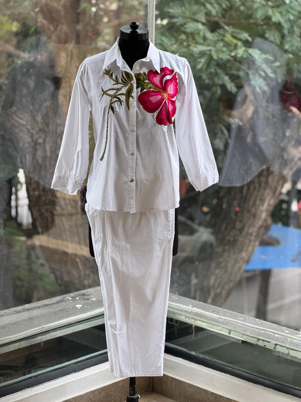 White Big Flower Embroidered Co Ord