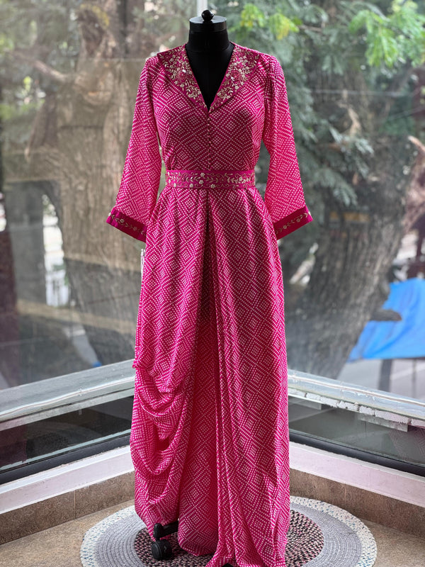 Pink Bandhej Gown