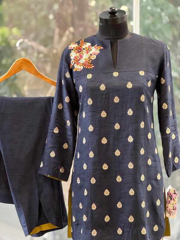 Navy Blue Embroidered Banarasi Co Ord