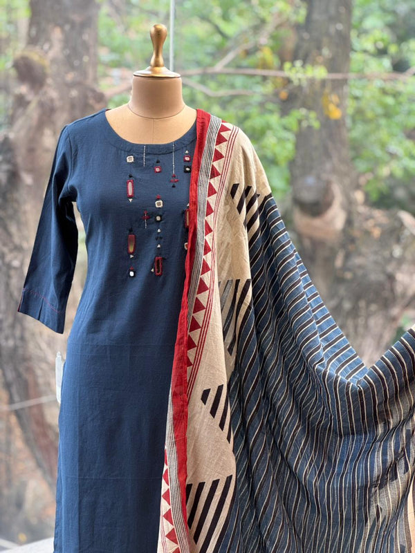 Blue Mirror Work Dupatta Set