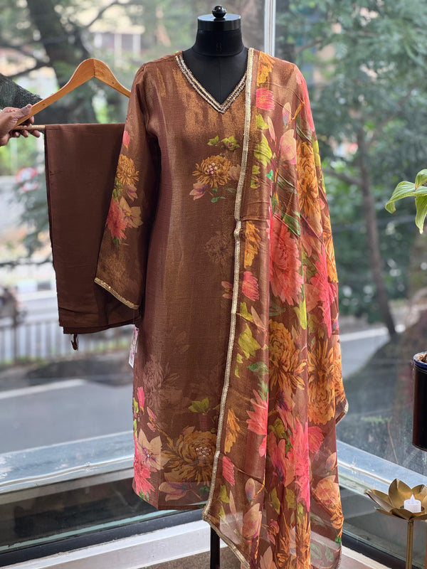 Brown Tissue Floral Dupatta Set