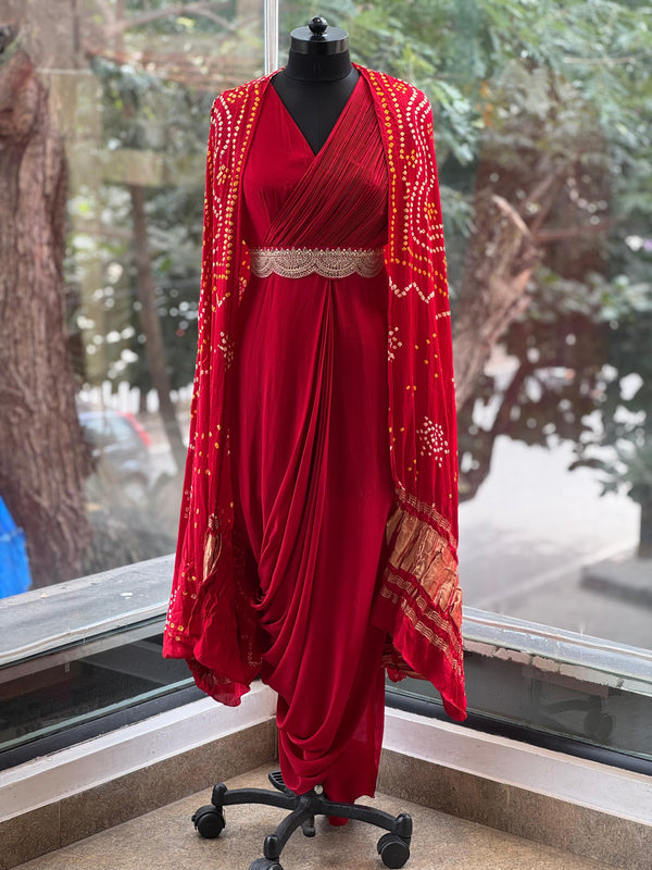 Red Bandhej Cape Set