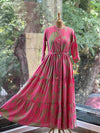 Pink Leaf Print Tiered Dress