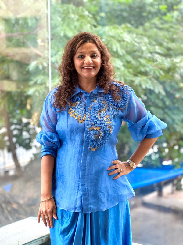 Blue Organza Shirt & Pleated Skirt Set with Applique Detail