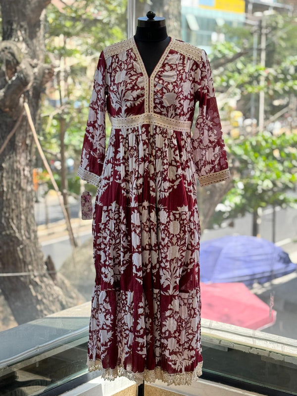 Maroon Lace V Neck Floral Tunic