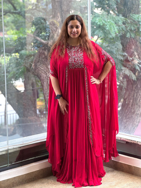 Red Pipe Work Gown