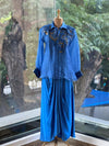 Blue Organza Shirt & Pleated Skirt Set with Applique Detail