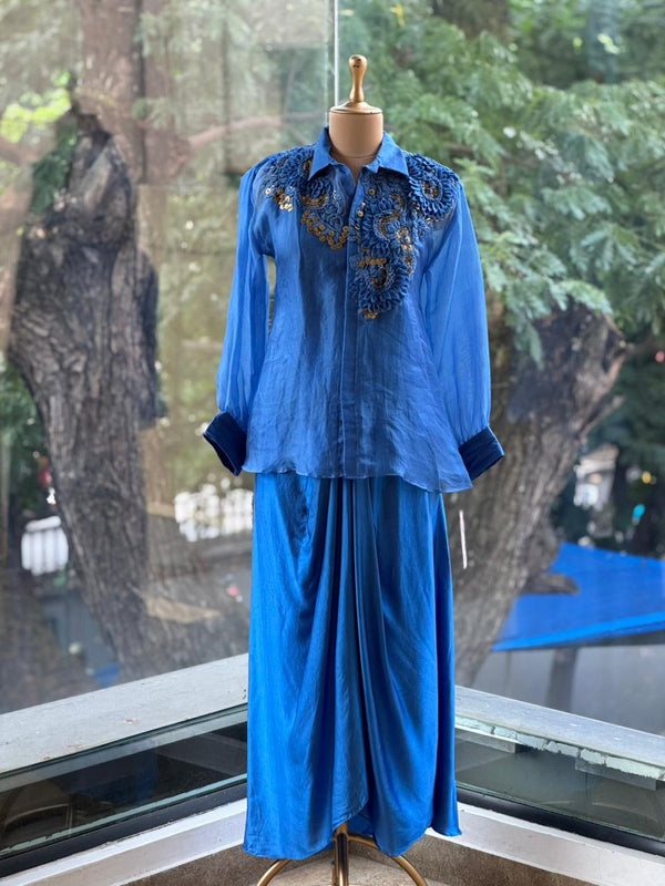 Blue Organza Shirt & Pleated Skirt Set with Applique Detail