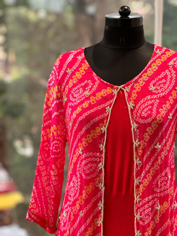 Red Bandhej Jacket Gown