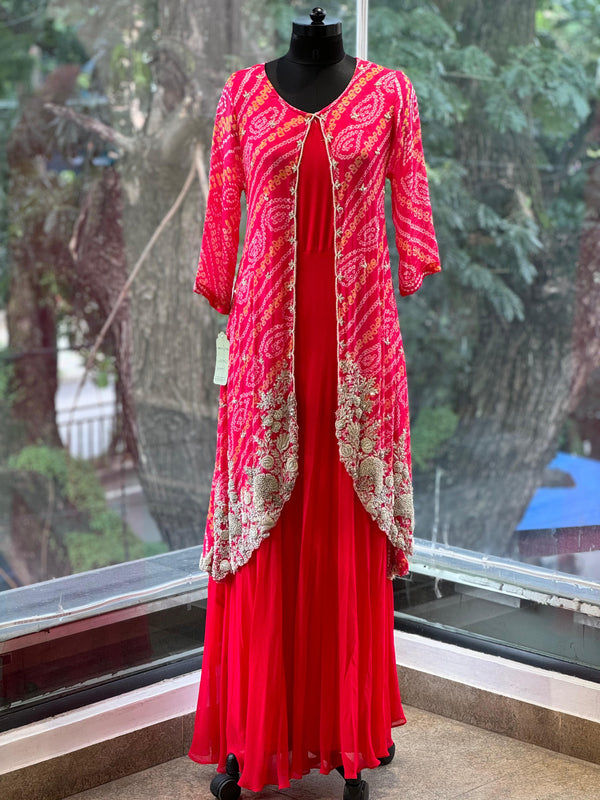 Red Bandhej Jacket Gown