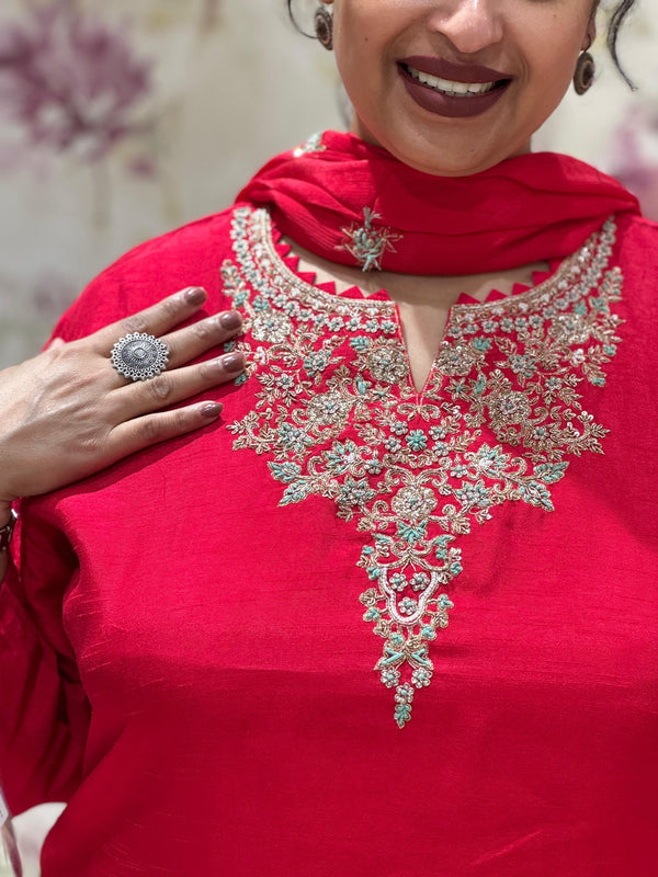 Red Intricate Yolk Sharara Set