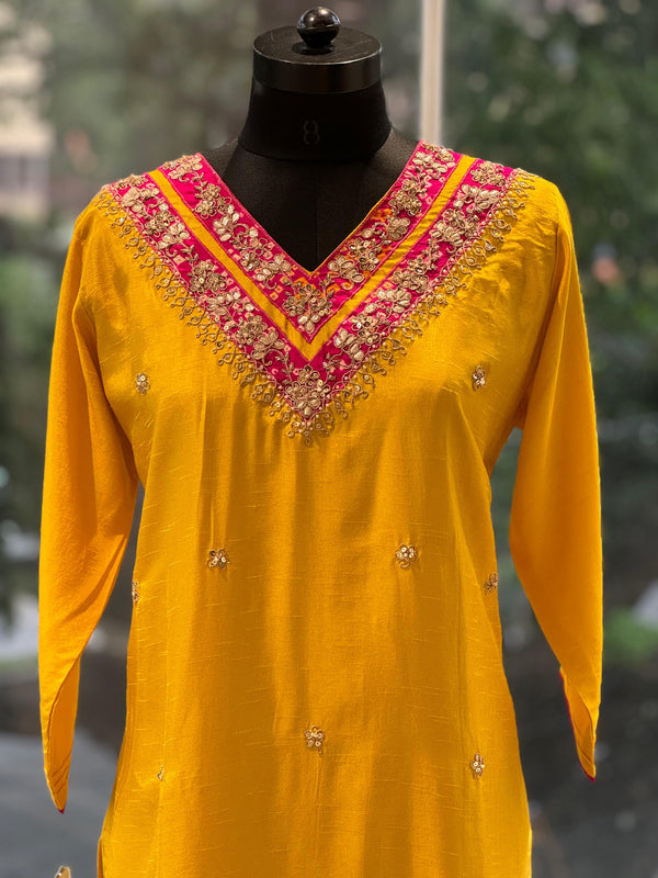 Yellow Gota V Neck Suit Set