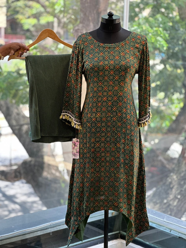 Green Asymmetrical Ajarakh Print Co Ord