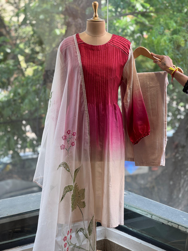 Red Chanderi Silk Shaded Suit