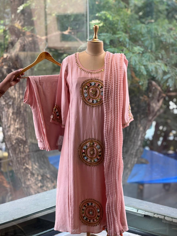 Pink Embroidered Mul Suit