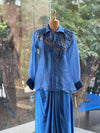 Blue Organza Shirt & Pleated Skirt Set with Applique Detail