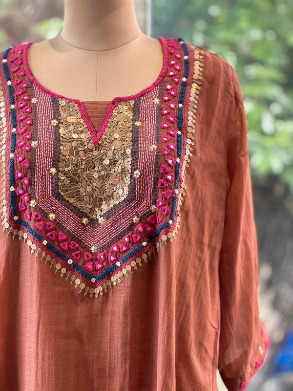 Rust Mirror work Dupatta Set