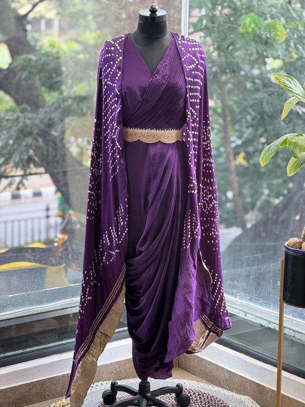 Purple Bandhej Cape Set