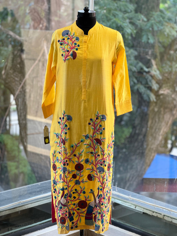 Yellow  Colourful Thread Embroidered Long Kurta