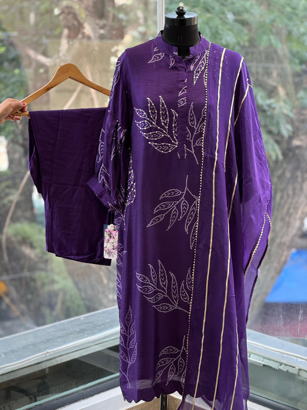 Purple Leaf Print Suit Set