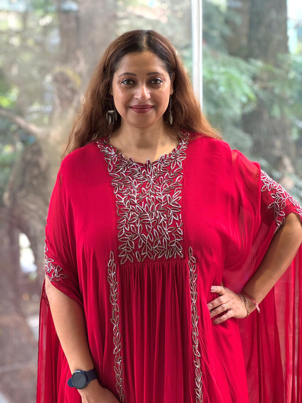 Red Pipe Work Gown