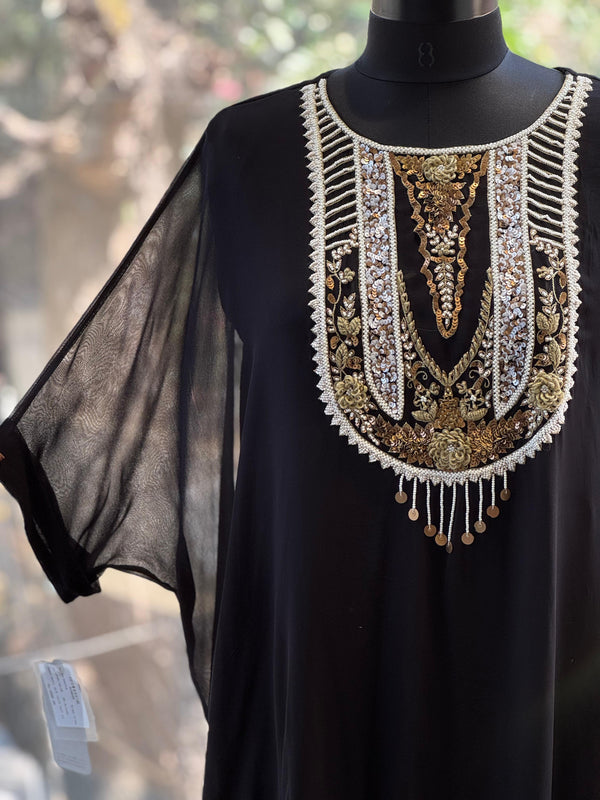 Black Intricate Yolk Kaftan Set