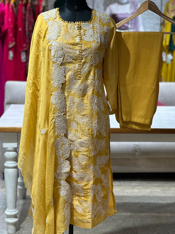 Yellow Tissue Embroidered Suit Set