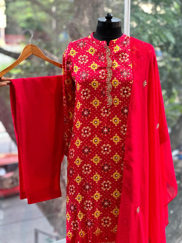 Red Patola Gajjee Silk Suit Set