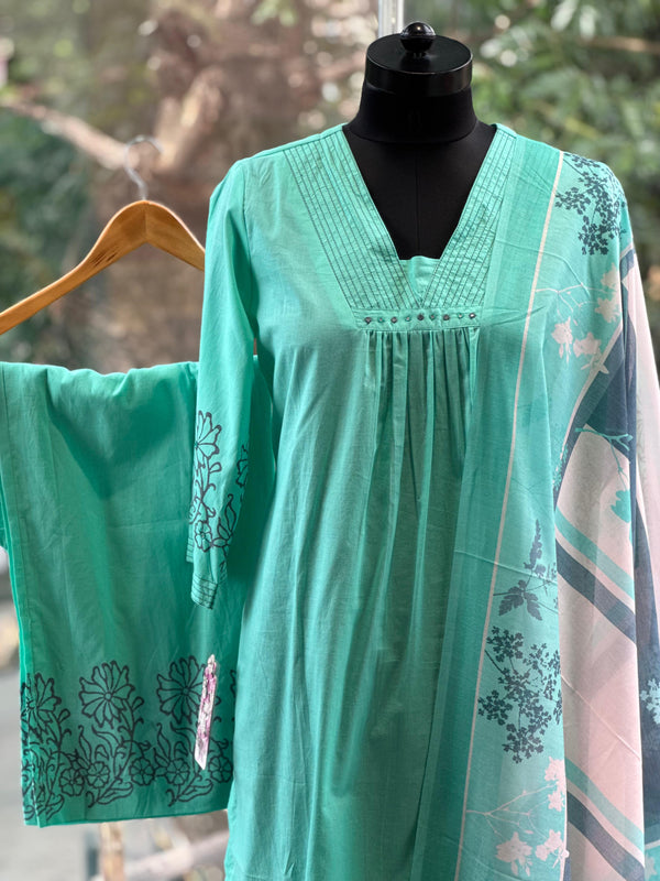 Sea Green Mul Dupatta Set