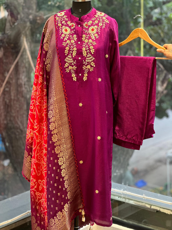 Purple Red Bandhej Dupatta Set