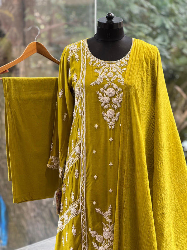 Green White Embroidery Suit