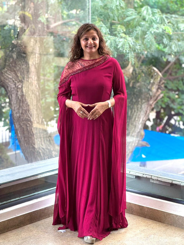 Maroon Tail Sleeves Gown