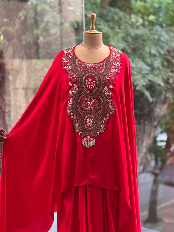 Red Intricate Yoke Cape Set