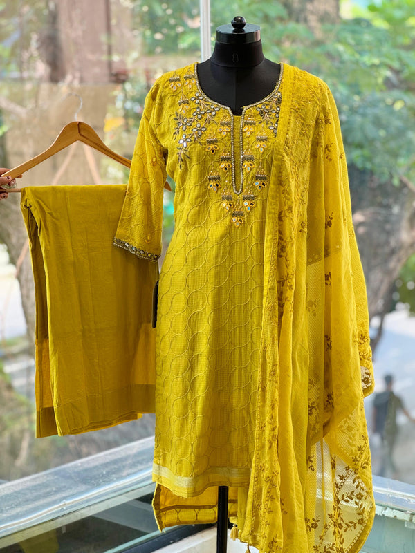 Yellow Kota Self Embroidered Suit Set