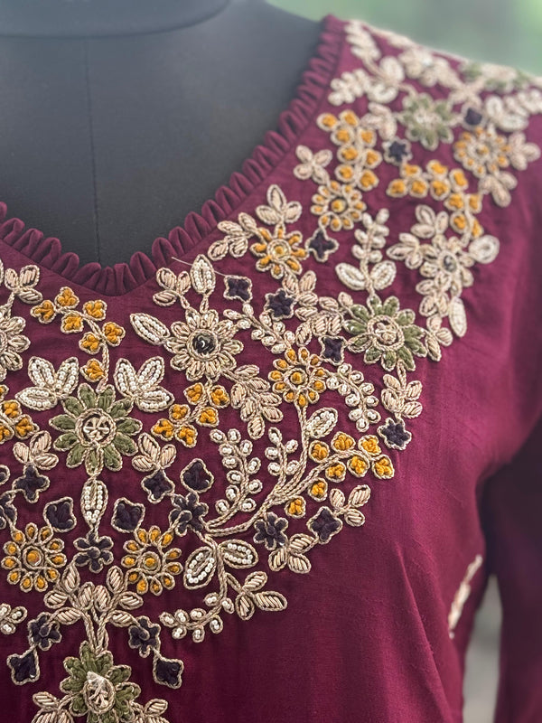 Purple Yolk Embroidered Suit Set