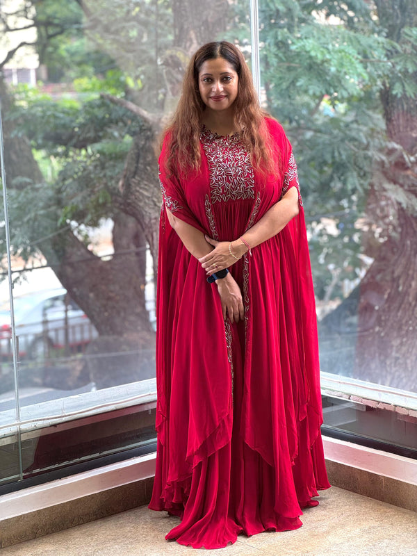 Red Pipe Work Gown