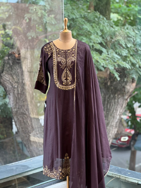 Dark Brownish Wine Dupatta Set