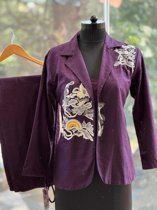 Purple Embroidered Blazer Set