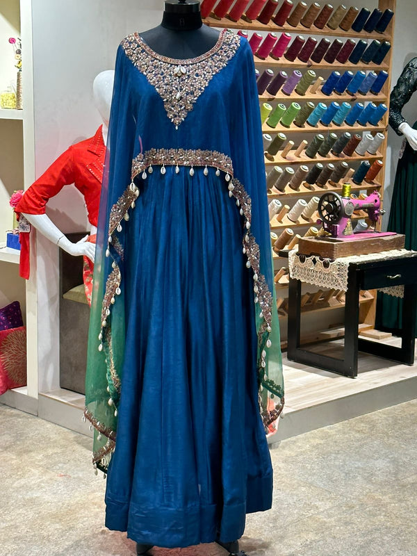 Blue Intricate Yolk Cape Style Gown